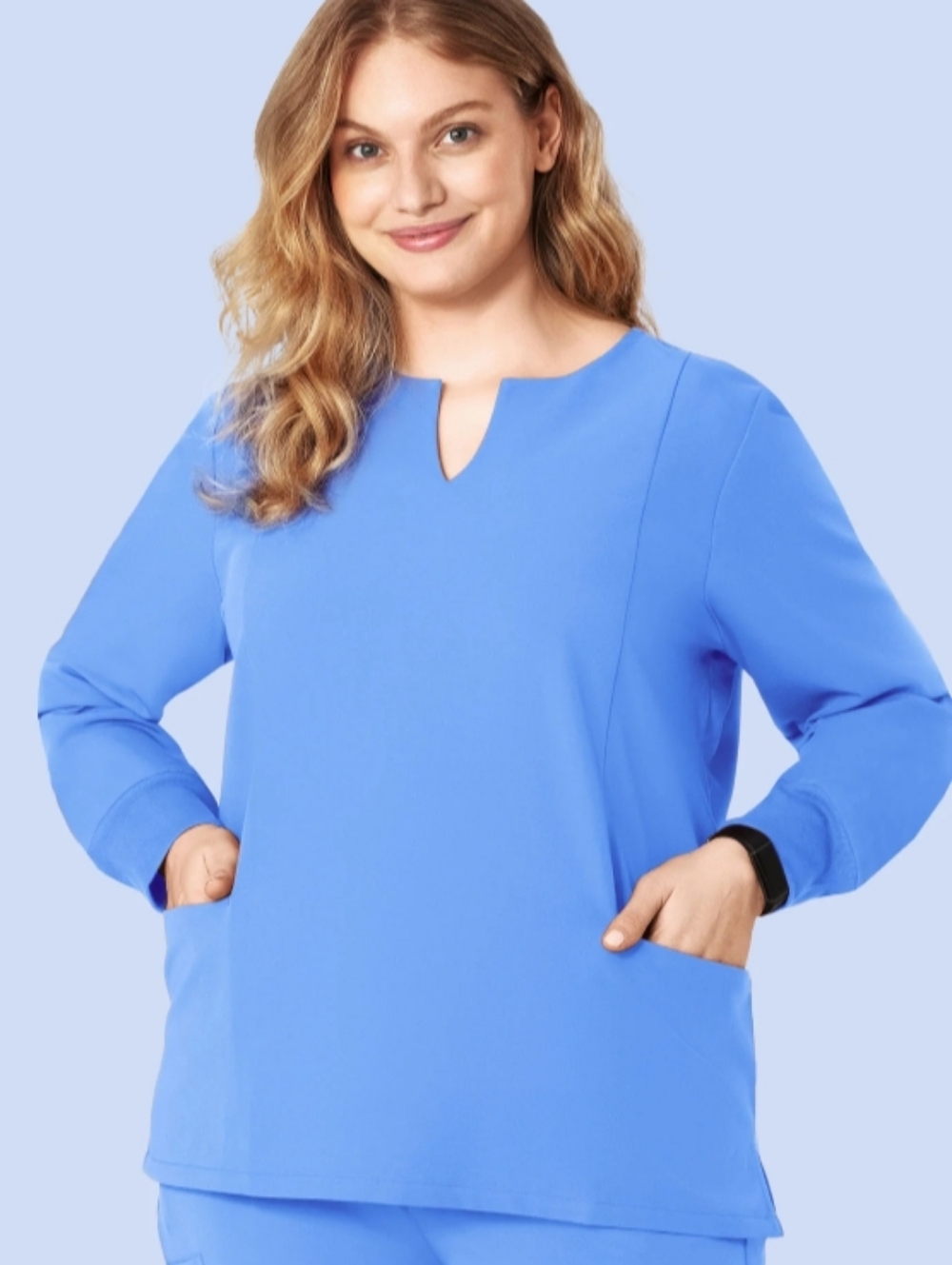 Mandala Light Blue Women's Long Sleeve Pocket Top  Scrub Top
